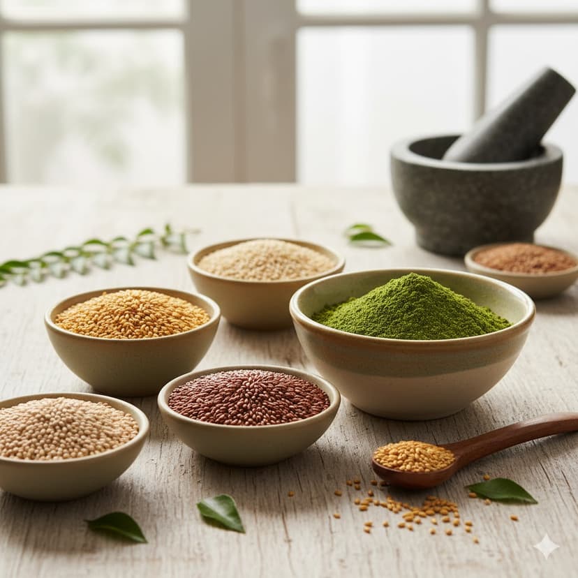 Nutritious everyday superfoods including millets, jaggery, and traditional health mixes